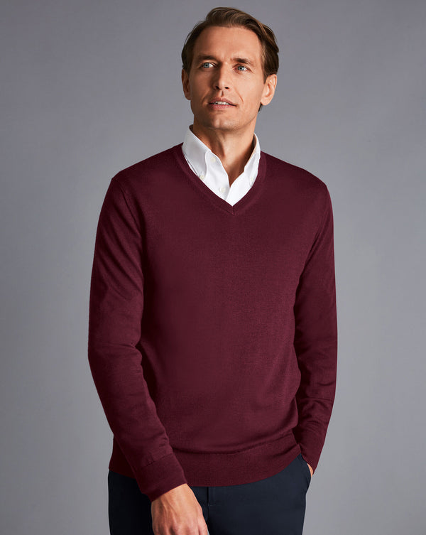 Burgundy Red Pure Merino V Neck Jumper