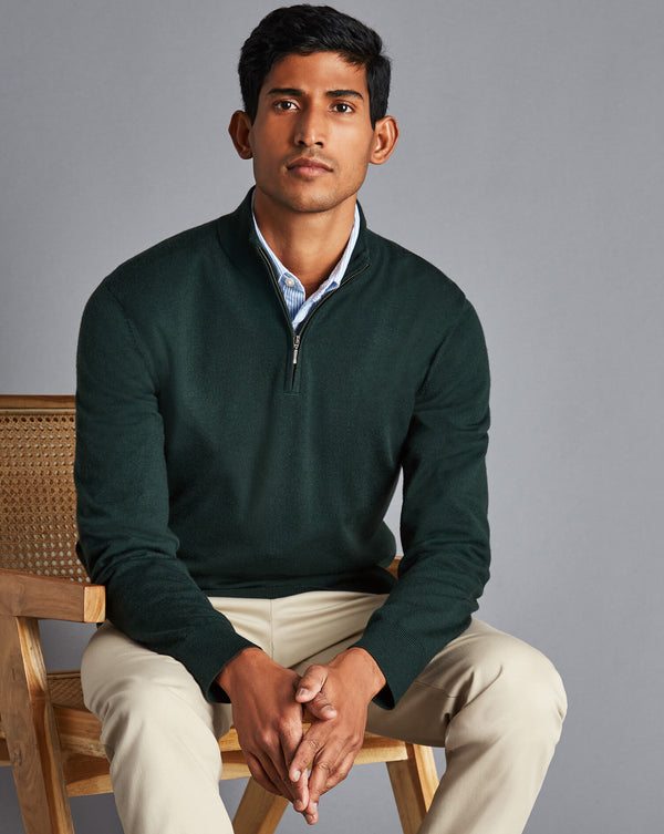 Forest Green Pure Merino Zip Neck Jumper