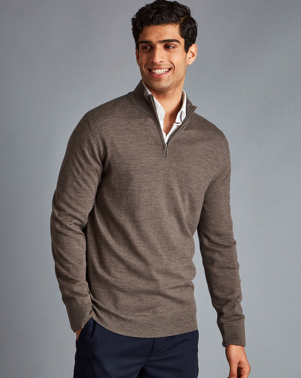 Mocha Pure Merino Zip Neck Jumper