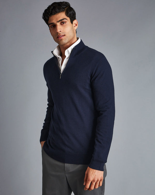 Navy Blue Pure Merino Zip Neck Jumper