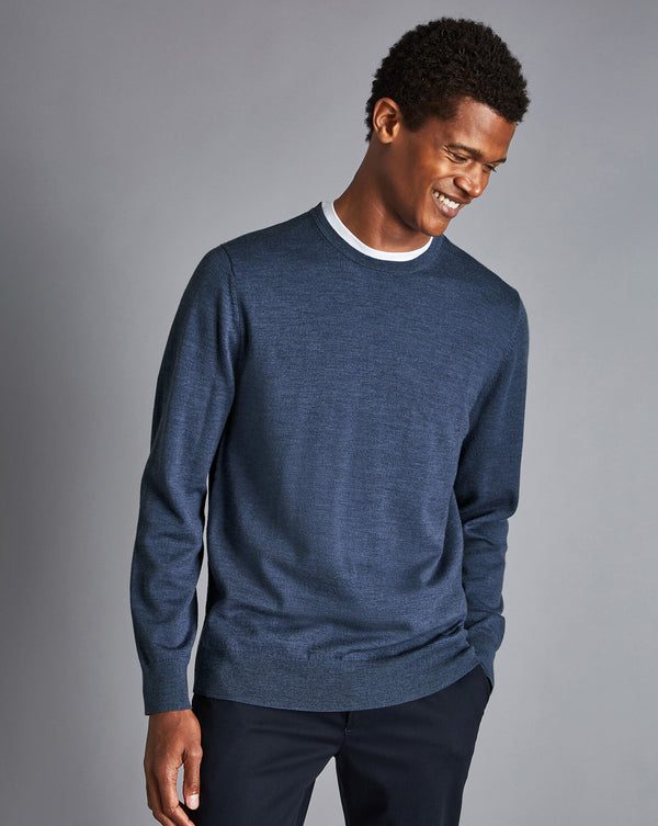 Indigo Blue Melange  Pure Merino Crew Neck Jumper