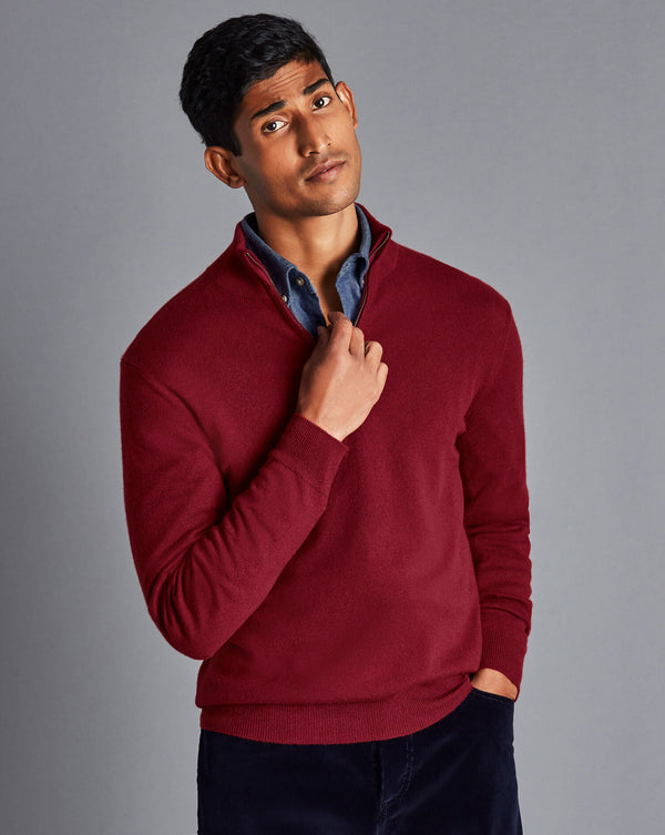 Red Pure Cashmere Zip Neck Jumper