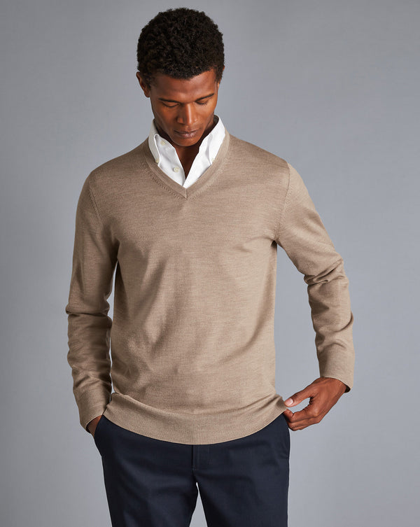 Oatmeal Pure Merino V Neck Jumper