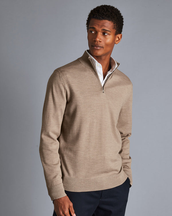 Oatmeal Pure Merino Zip Neck Jumper