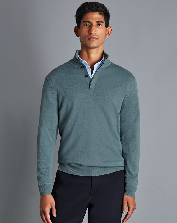 Pale Teal Green Merino/Cashmere Button Neck Jumper