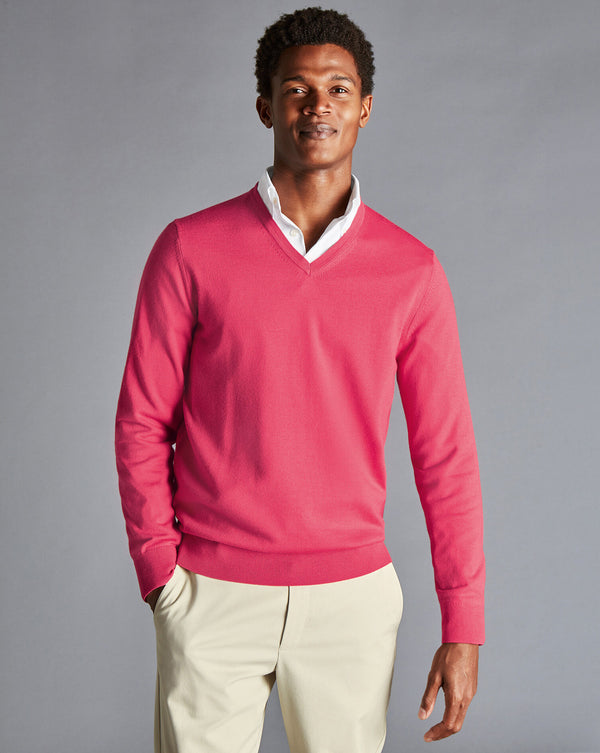 Bright Pink Pure Merino V Neck Jumper