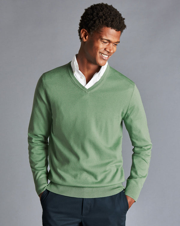 Green Pure Merino V Neck Jumper