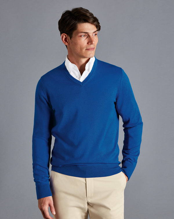 Ocean Blue Pure Merino V Neck Jumper