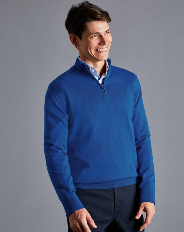 Ocean Blue Pure Merino Zip Neck Jumper