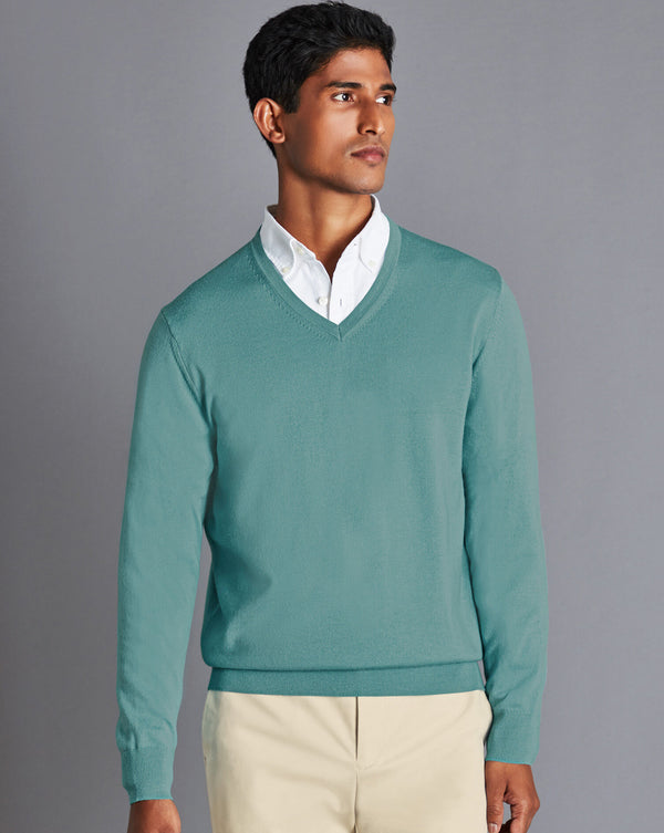 Aqua Green Pure Merino V Neck Jumper