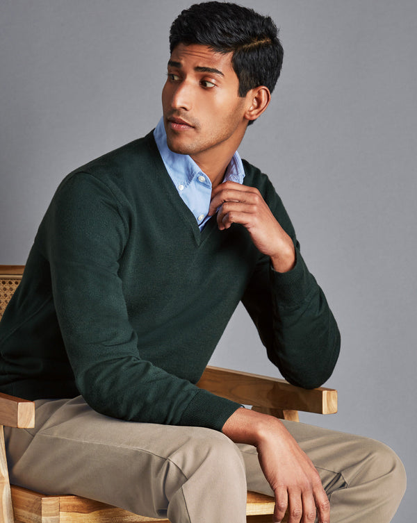 Forest Green Pure Merino V Neck Jumper