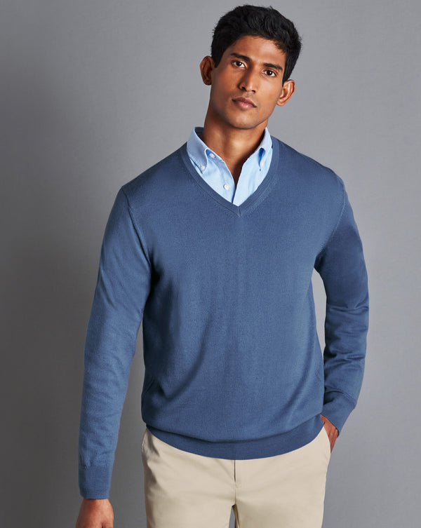 Steel Blue Pure Merino V Neck Jumper