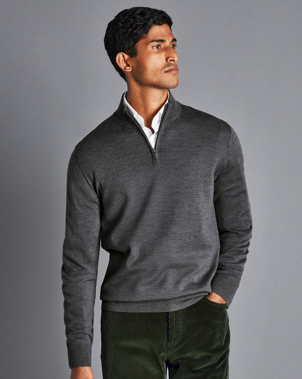 Grey  Pure Merino Zip Neck Jumper