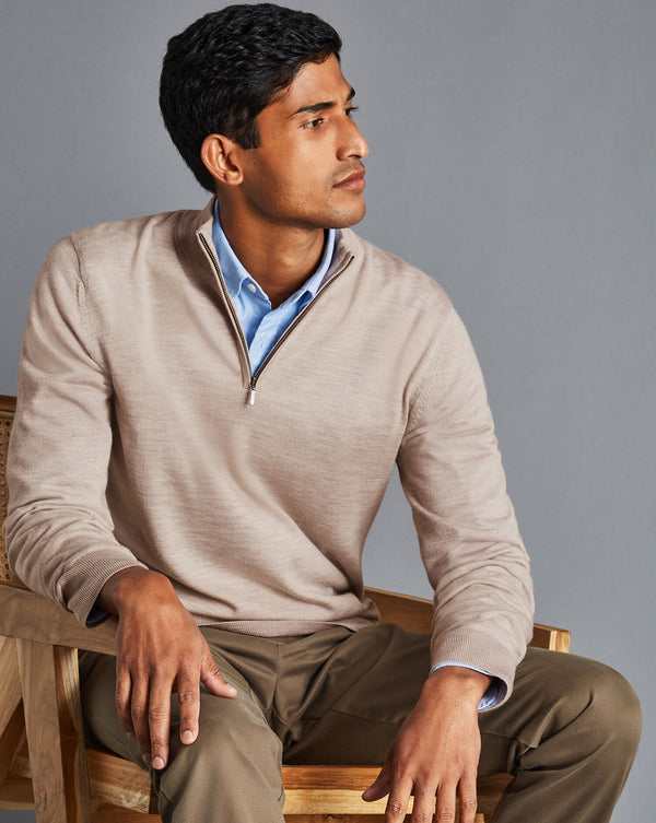 Limestone Pure Merino Zip Neck Jumper