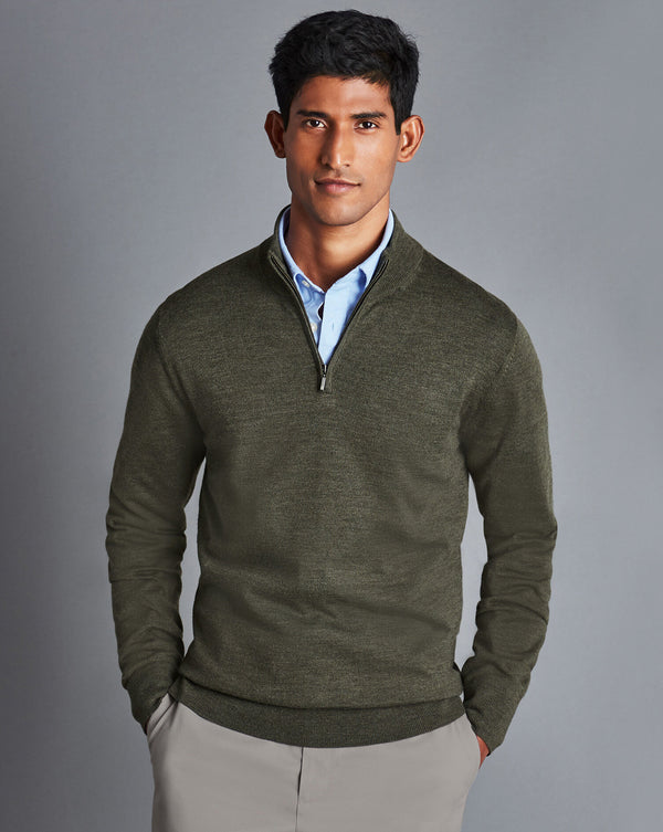 Olive Green Melange Pure Merino Zip Neck Jumper