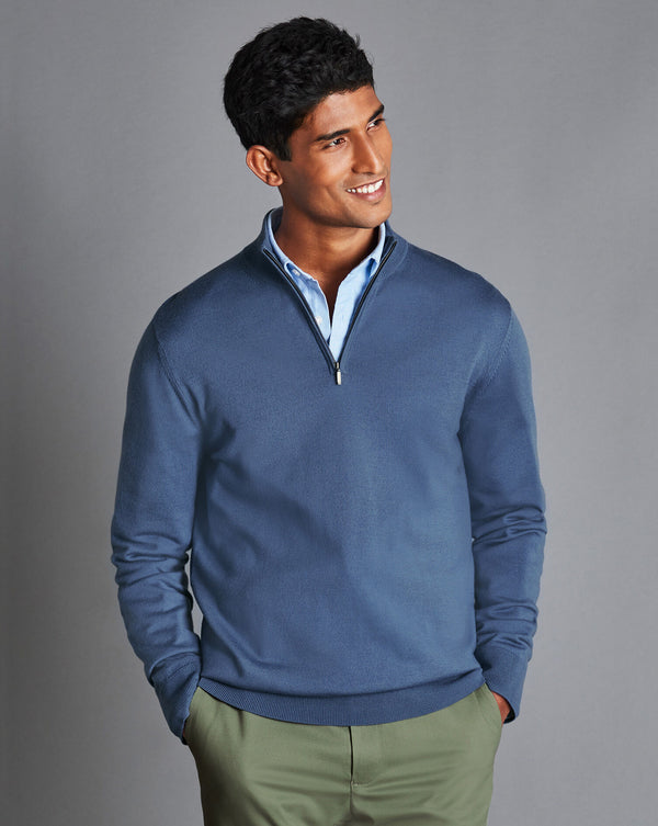 Steel Blue Pure Merino Zip Neck Jumper